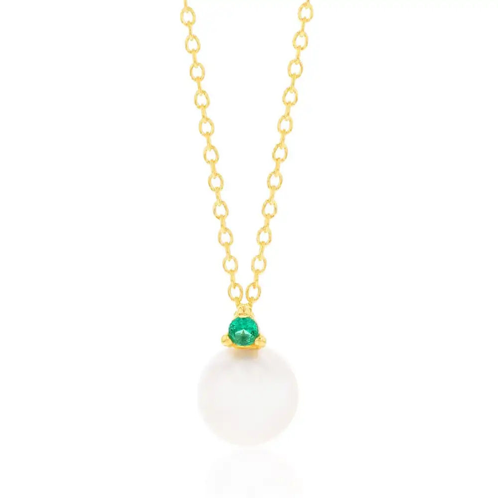 9ct Yellow Gold Green Cubic Zirconia And Pearl Pendant On 45cm Chain