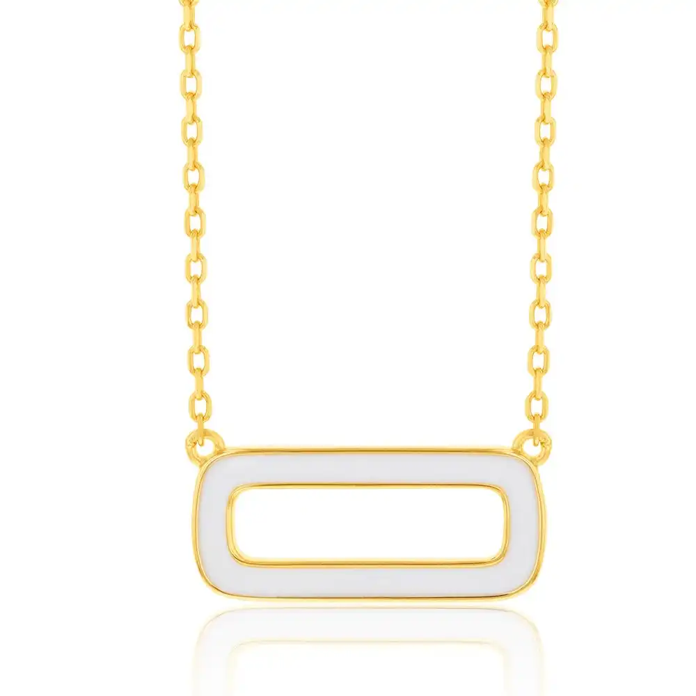 Sterling Silver Gold Plated White Enamel Rectangle Pendant On 45cm Chain