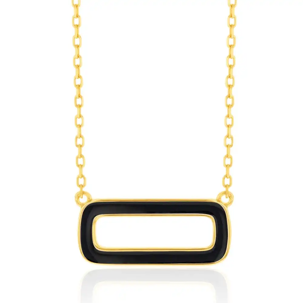 Sterling Silver Gold Plated Black Enamel Rectangle Pendant On 45.5cm Chain