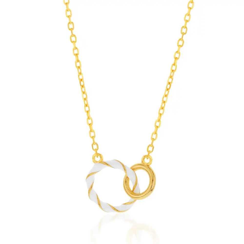 Sterling Silver Gold Plated White Enamel 2 Ring Pendant On 45.5cm Chain
