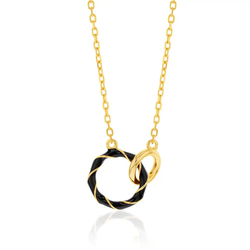 Sterling Silver Gold Plated Black Enamel 2 Ring Pendant On 45.5cm Chain