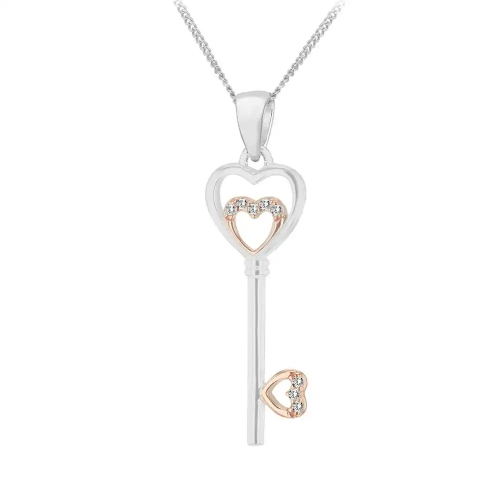 Sterling Silver Rose Gold Plated Cubic Zirconia Heart Key Pendant