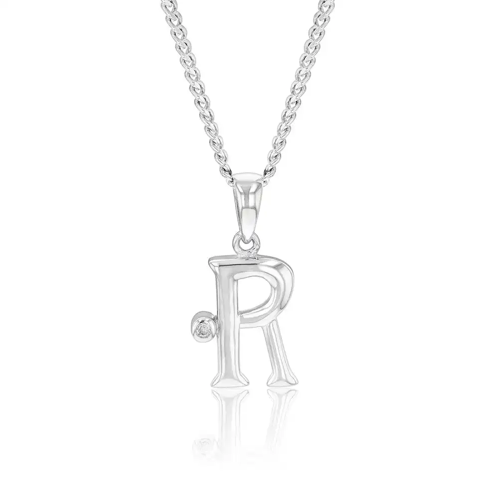 Silver Pendant Initial R set with Diamond