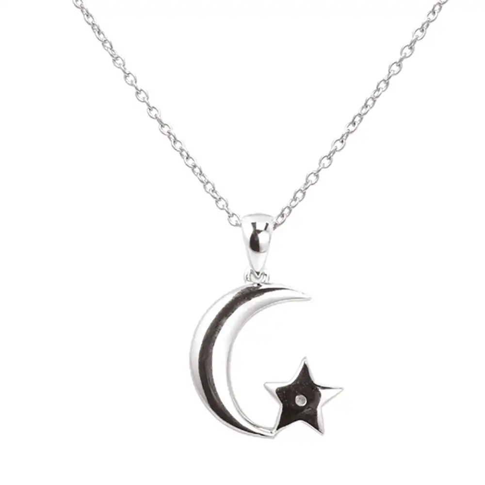 Sterling Silver 1 Diamond Moon and Star Pendant on 45cm Silver Chain