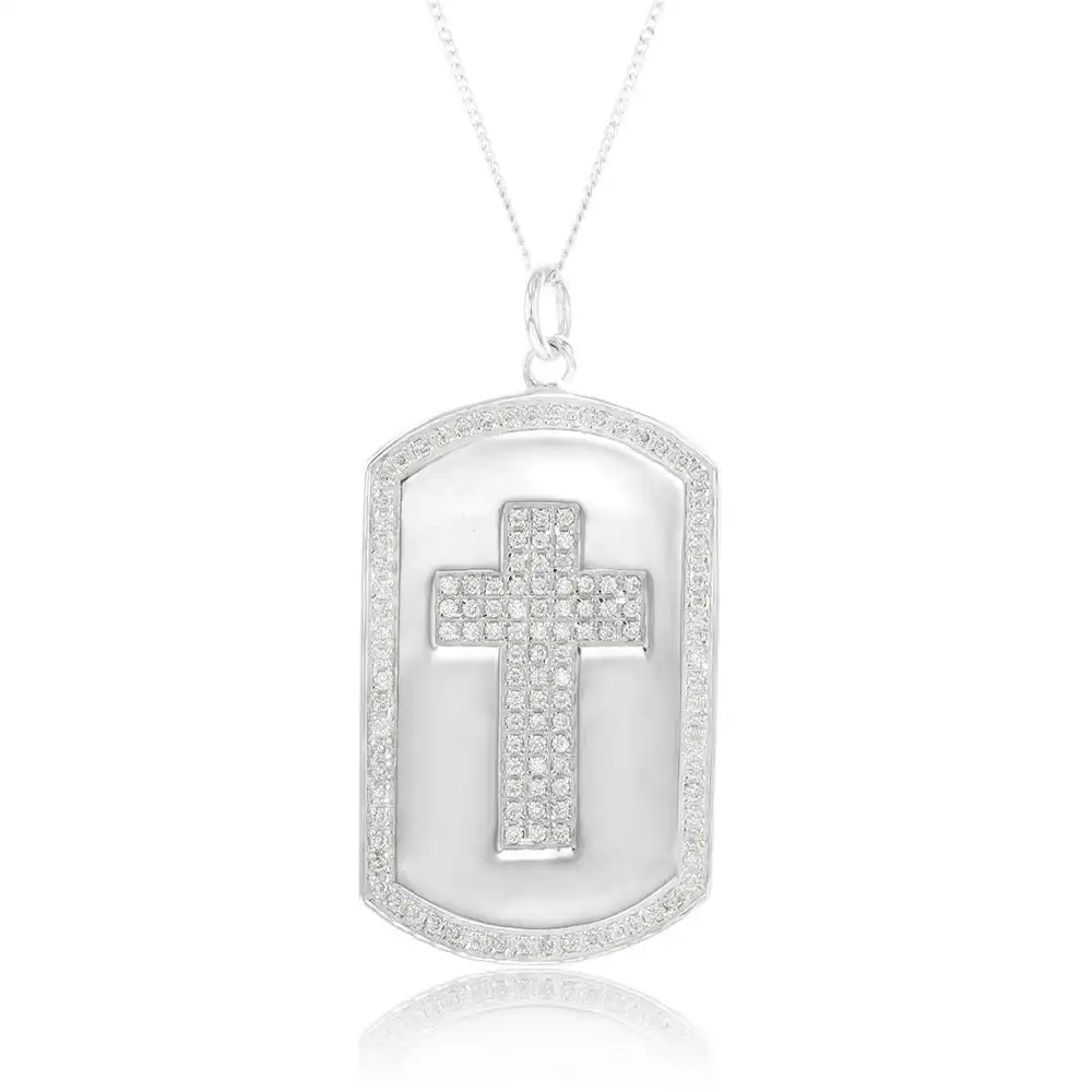 Sterling Silver Textured Cross On The Dog Tag Pendant