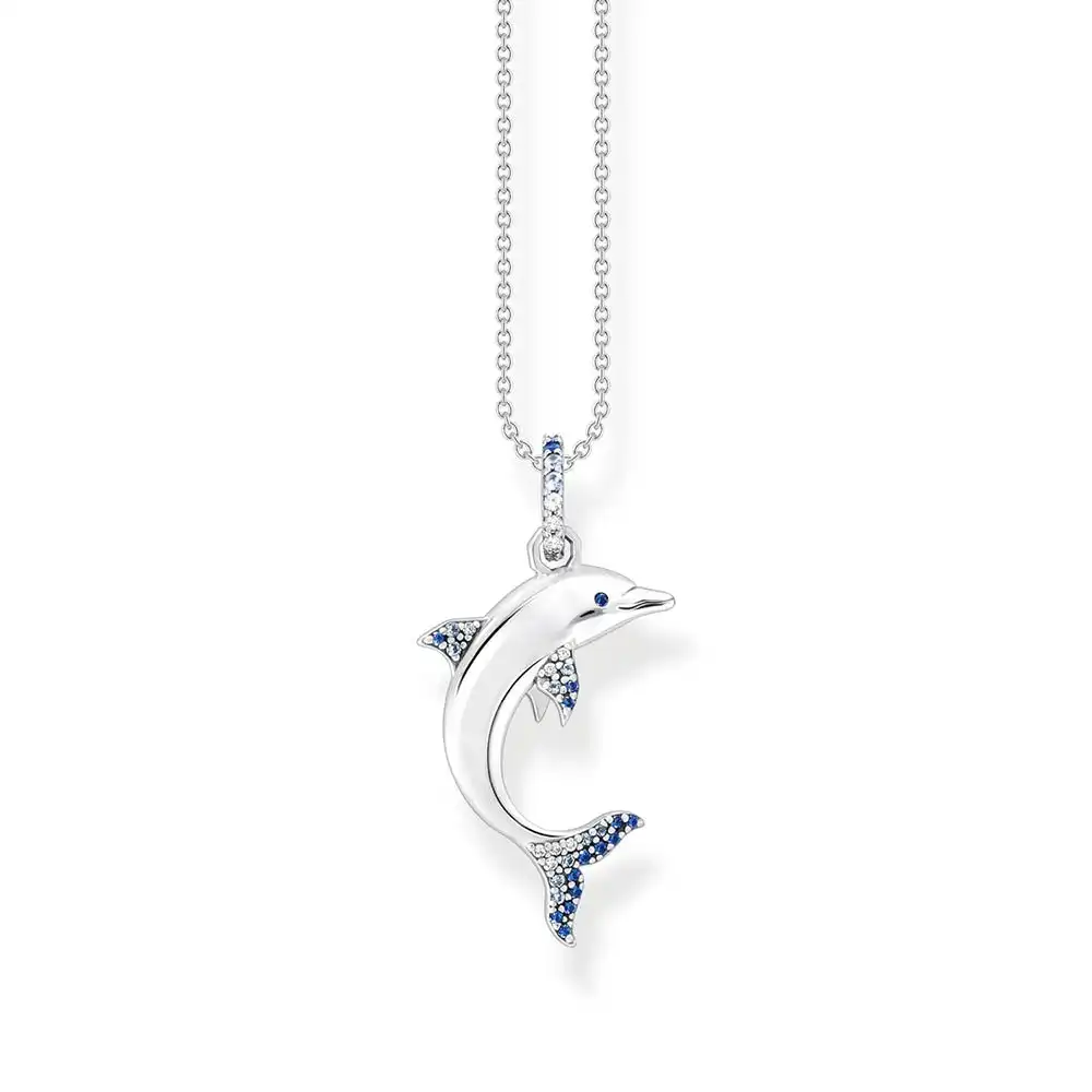 Thomas Sabo Sterling Silver Ocean Dolphin Blue Cubic Zirconia Pendant on 45cm Chain