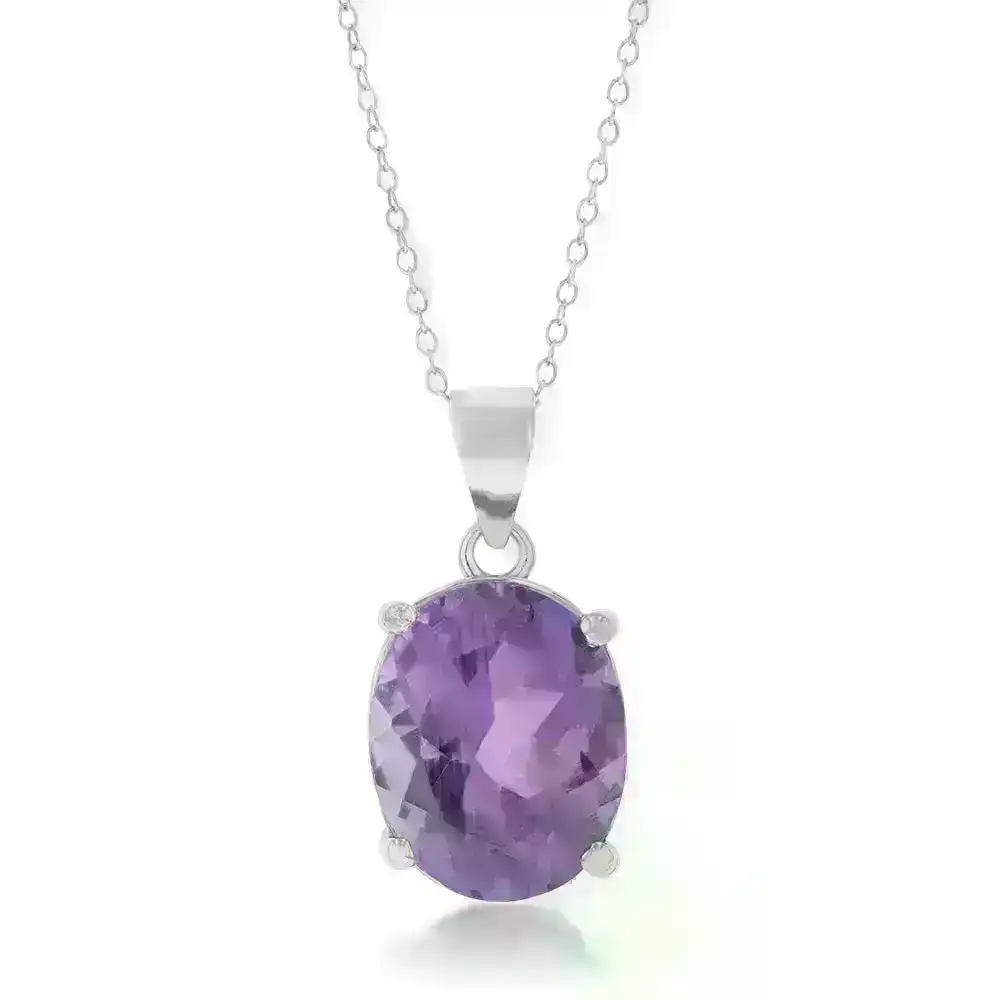 Sterling Silver Amethyst Oval 10x12mm Pendant with 45cm Chain