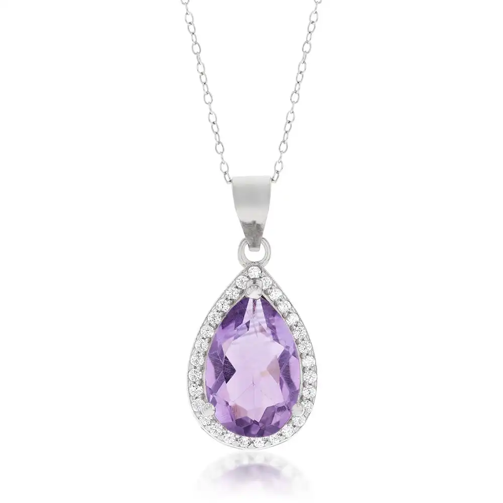Sterling Silver Amethyst Pear 8x12mm and Zirconia Pendant with 45cm Chain