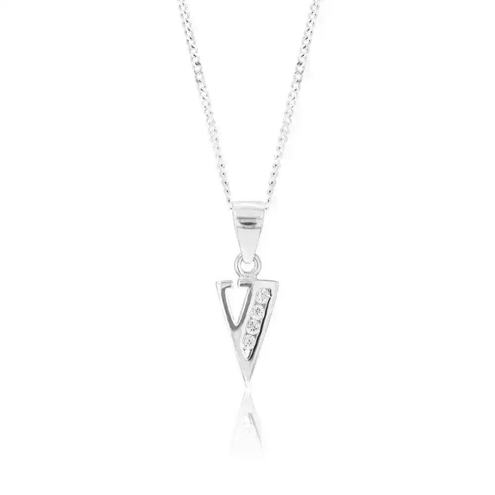 Sterling Silver Cubic Zirconia  Initial "V" Pendant