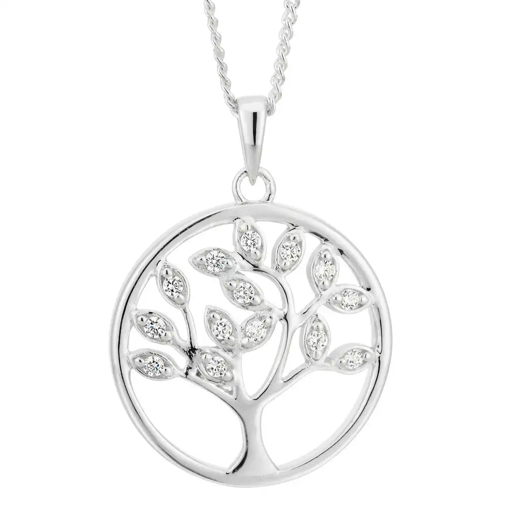 Sterling Silver Rhodium Plated Cubic Zirconia Tree of Life Pendant