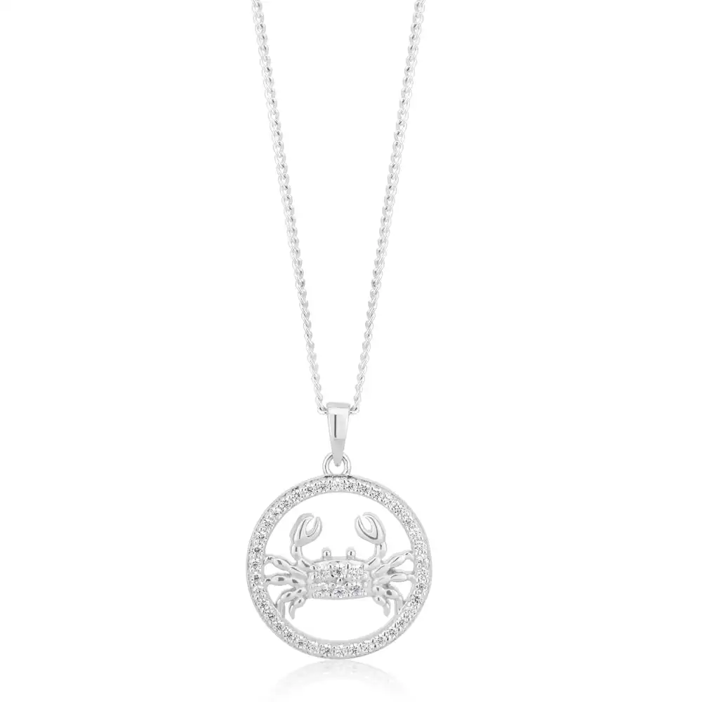 Sterling Silver Cubic Zirconia Cancer Horoscope Round 19mm x 26mm Pendant