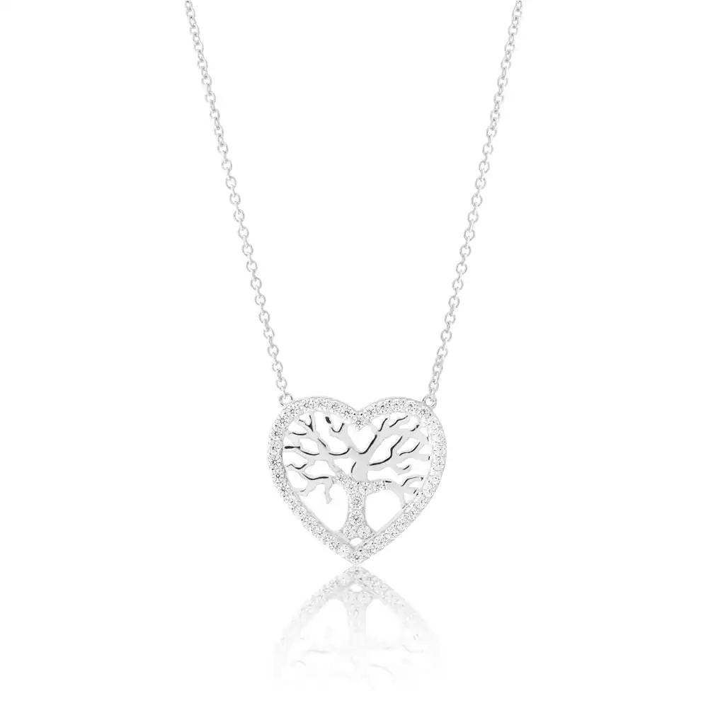 Sterling Silver 45cm Zirconia Tree in Heart Pendant on Chain