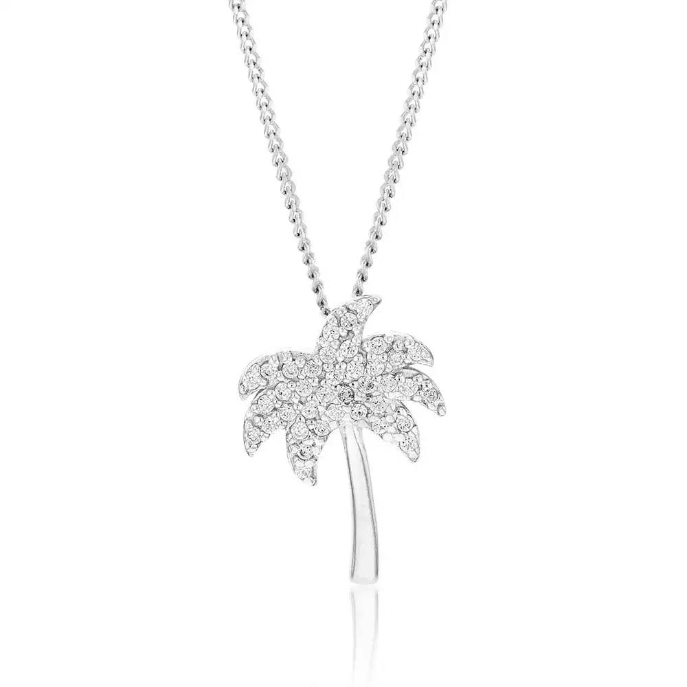Sterling Silver Rhodium Plated White Cubic Zirconia Palm Tree Pendant