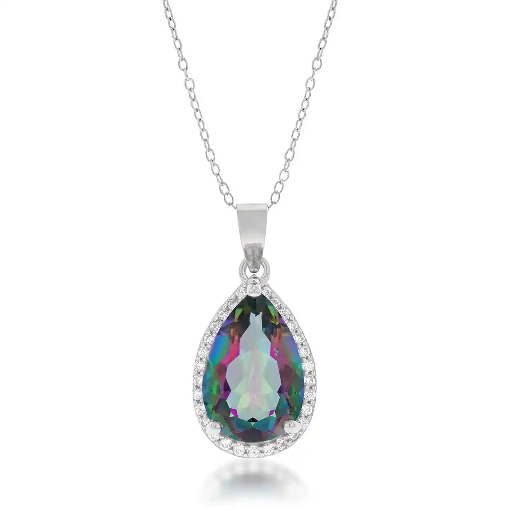 Sterling Silver Mystic Topa and Zirconia Pear Pendant on Chain