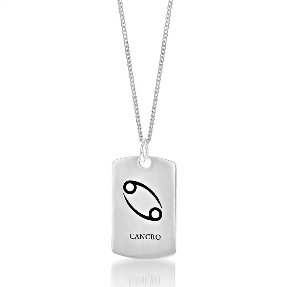 Sterling Silver Dog Tag with Cancer Zodiac/Star Sign Pendant