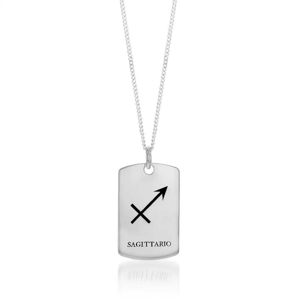 Sterling Silver Dog Tag With Sagittarius Zodiac/Star Sign Pendant