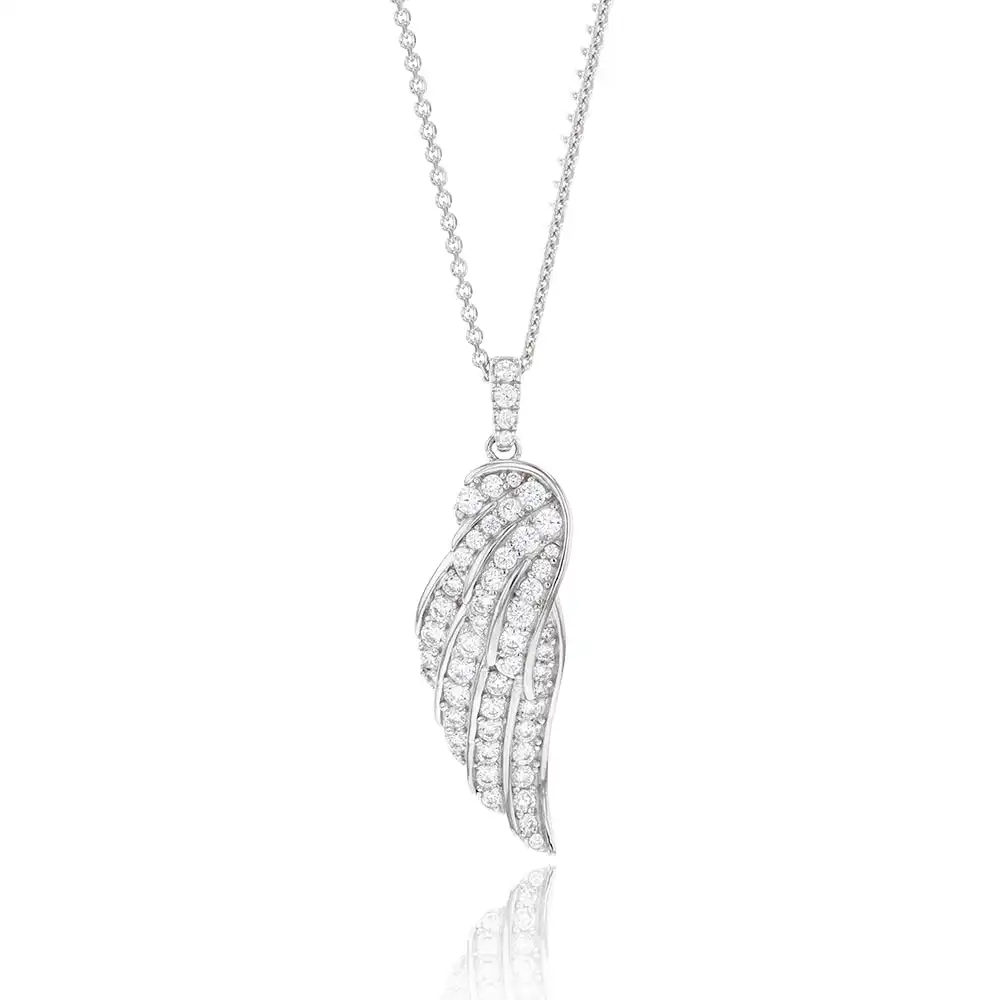 Sterling Silver Rhodium Plated Cubic Zirconia On Angel Wings Pendant On 40+5cm Chain