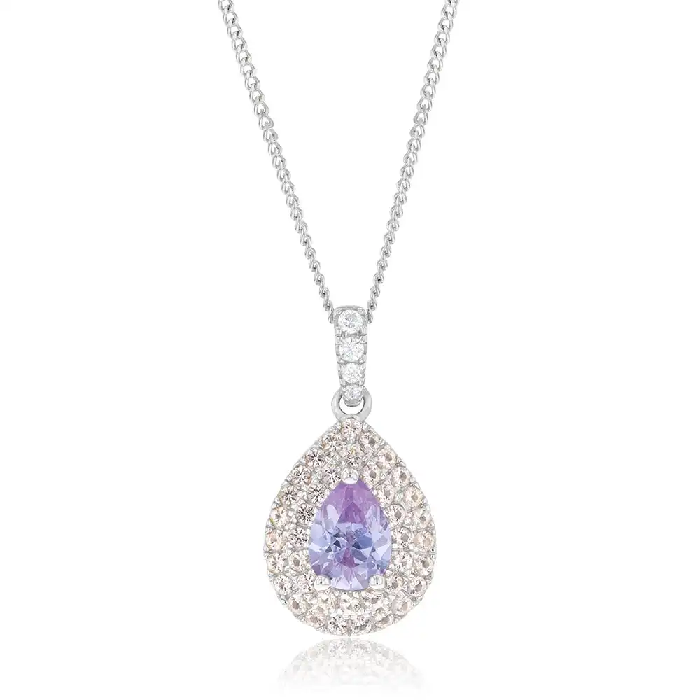 Sterling Silver Rhodium Plated Champagne/Lavender Cubic Zirconia Tear Drop Pendant
