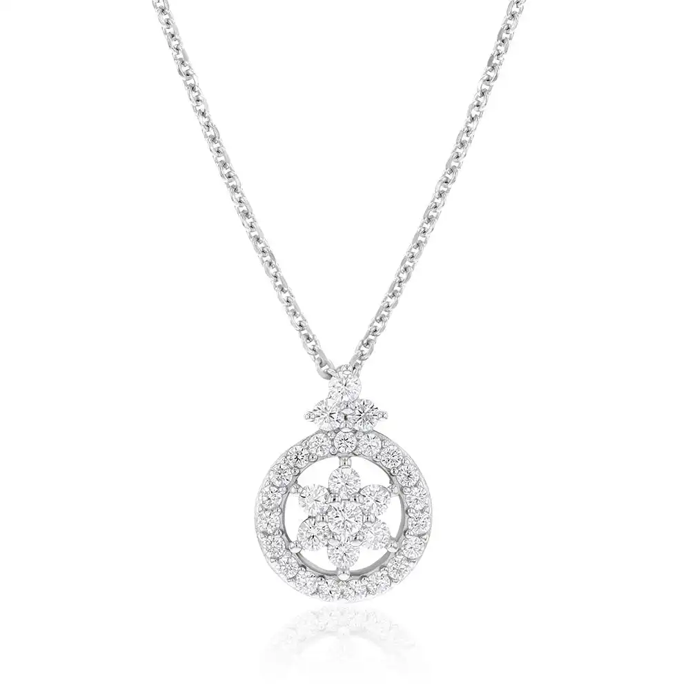 Sterling Silver Rhodium Plated Cubic Zirconia Flower Pendant On 40+5cm Chain