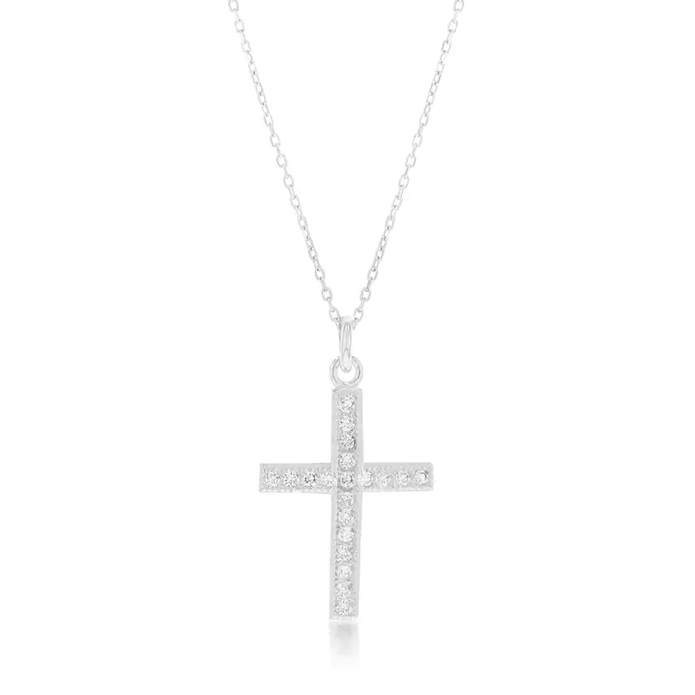 Sterling Silver Cubic Zirconia Cross On 42+3cm Chain