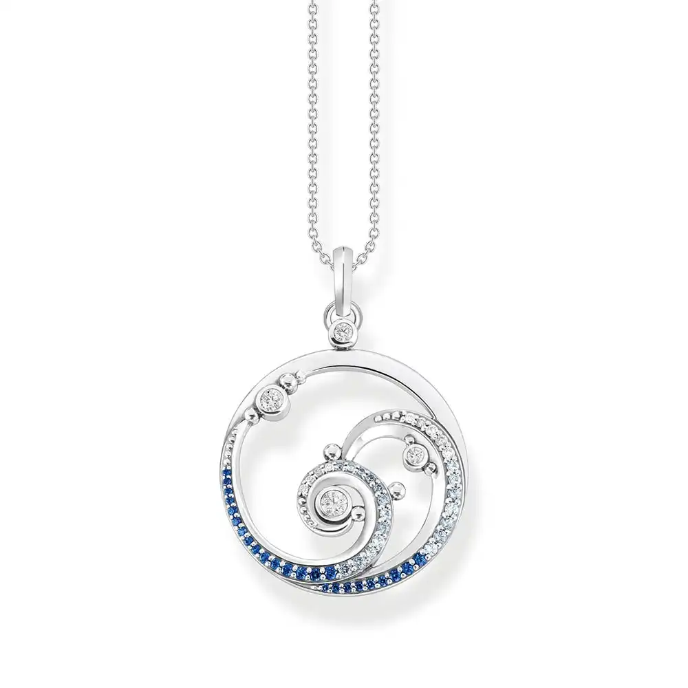 Thomas Sabo Sterling Silver Ocean Waves Blue Cubic Zirconia Pendant on 45Cm Chain