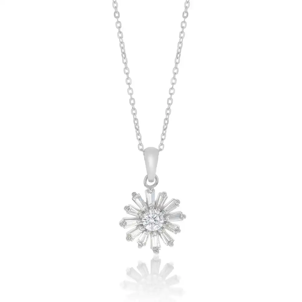 Sterling Silver Cubic Zirconia Flower Pendant On 42+3 cm Chain