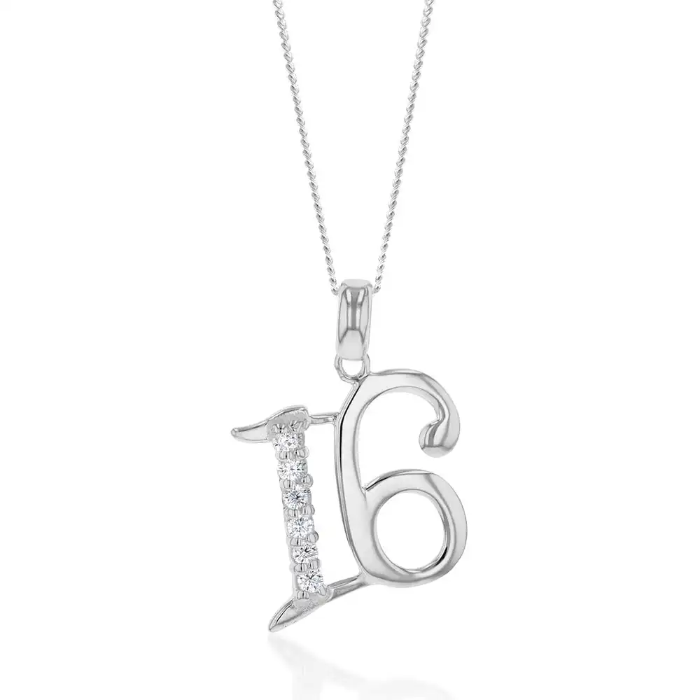 Sterling Silver Cubic Zirconia On Number "16" Pendant