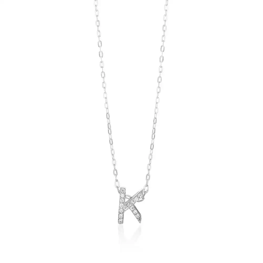 Sterling Silver Cubic Zirconia Initial "K" Pendant on 39+3cm Chain