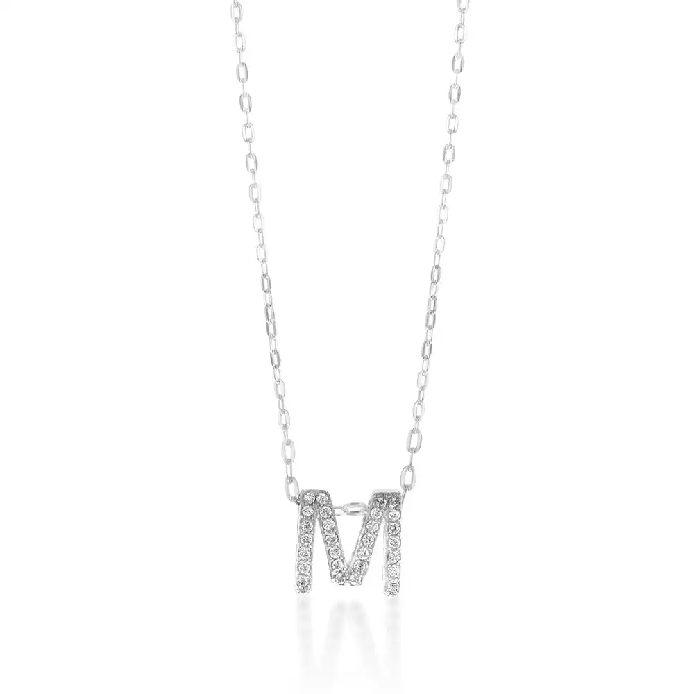 Sterling Silver Cubic Zirconia Initial "M" Pendant on 39+3cm Chain