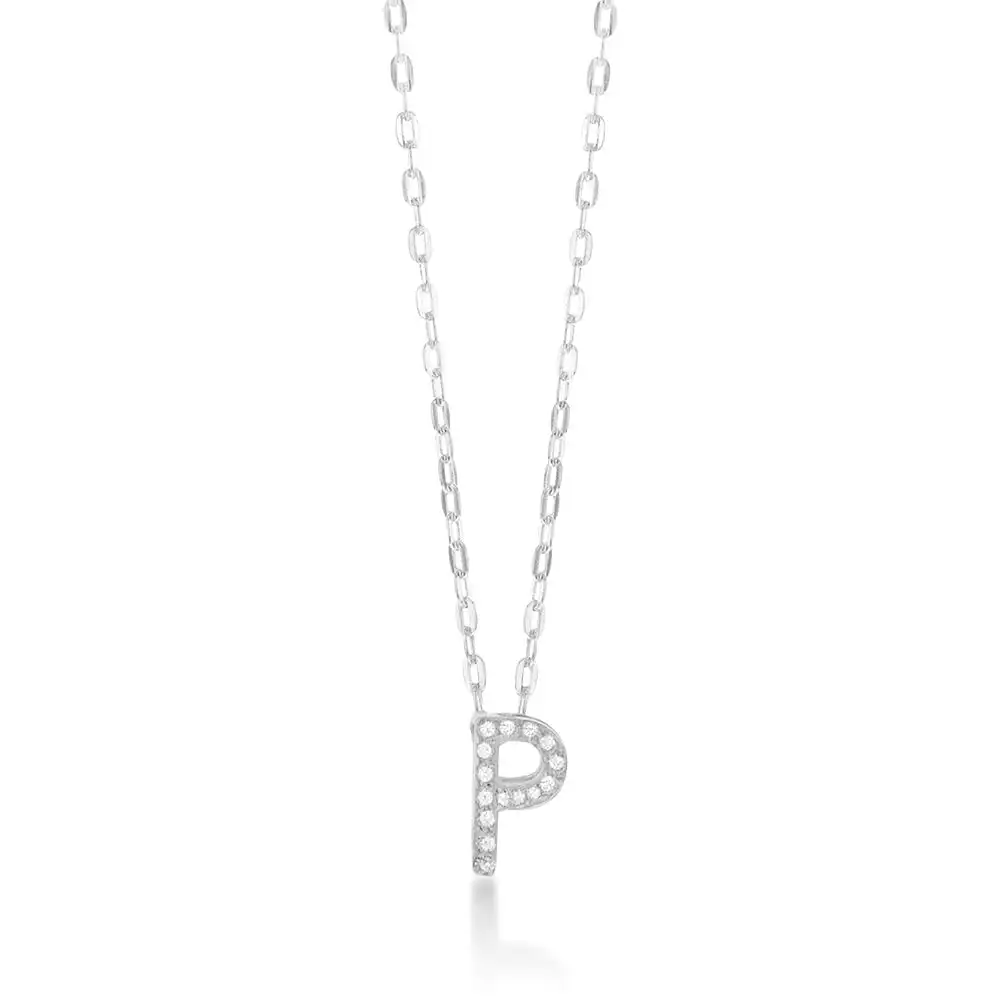 Sterling Silver Cubic Zirconia Initail "P" Pendant on 39+3cm Chain