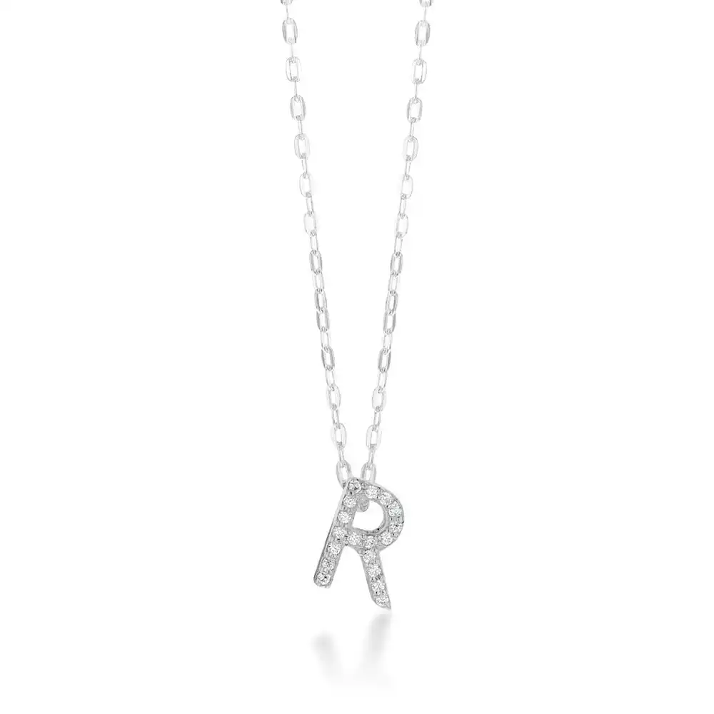 Sterling Silver Cubic Zirconia Initial "R" Pendant on 39+3cm Chain