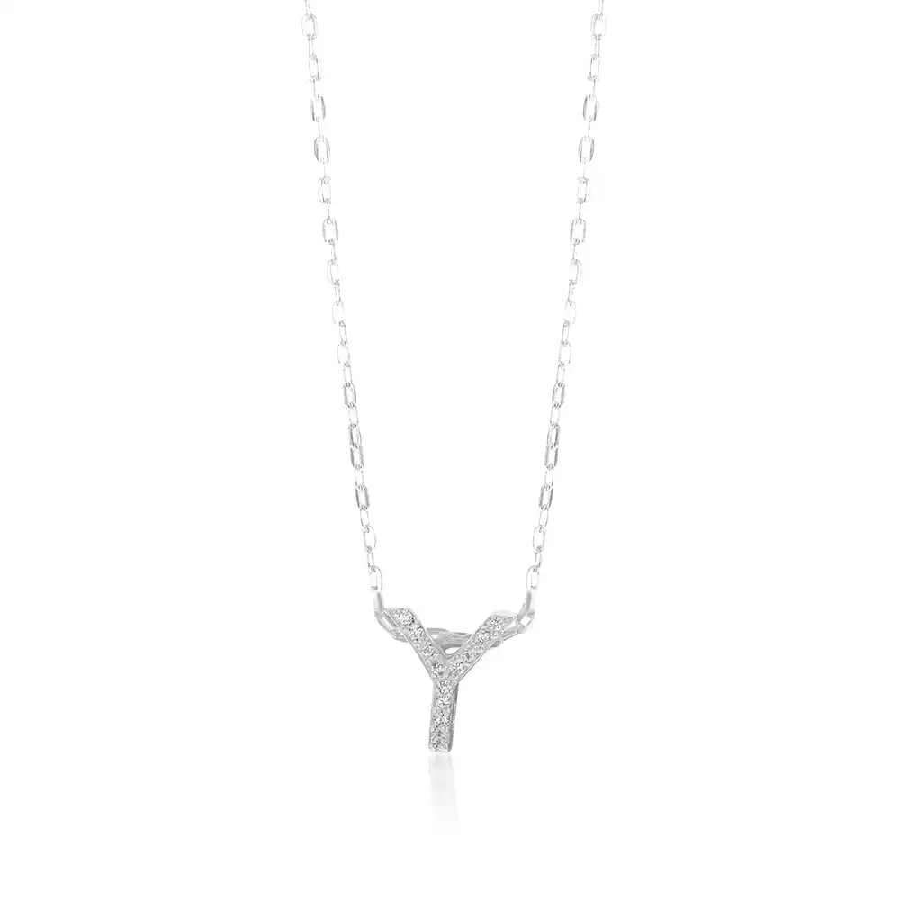 Sterling Silver Cubic Zirconia Inital "Y" Pendant On 39+3cm Chain