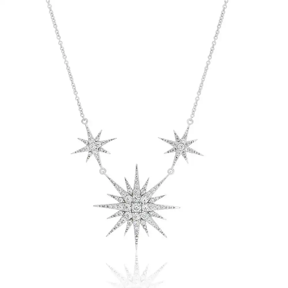 Sterling Silver Cubic Zirconia Star Burst Pendant With 40 + 5cm Chain