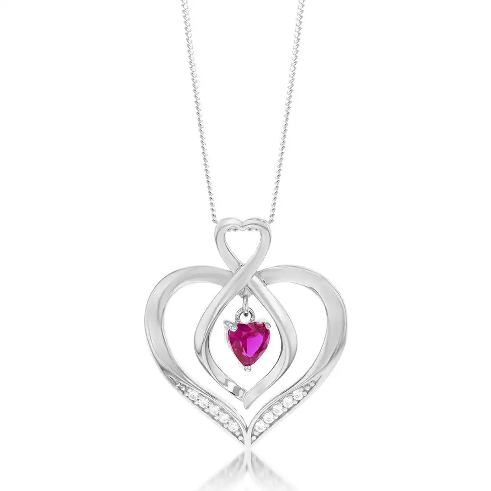 Sterling Silver Rhodium Plated White CZ And Created Ruby Infinity On Heart Pendant