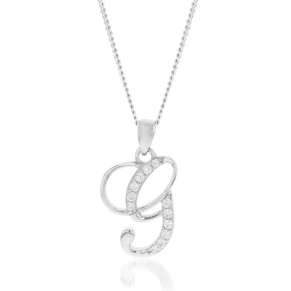 Sterling Silver Rhodium Plated Cubic Zirconia Script "G " Initial Pendant