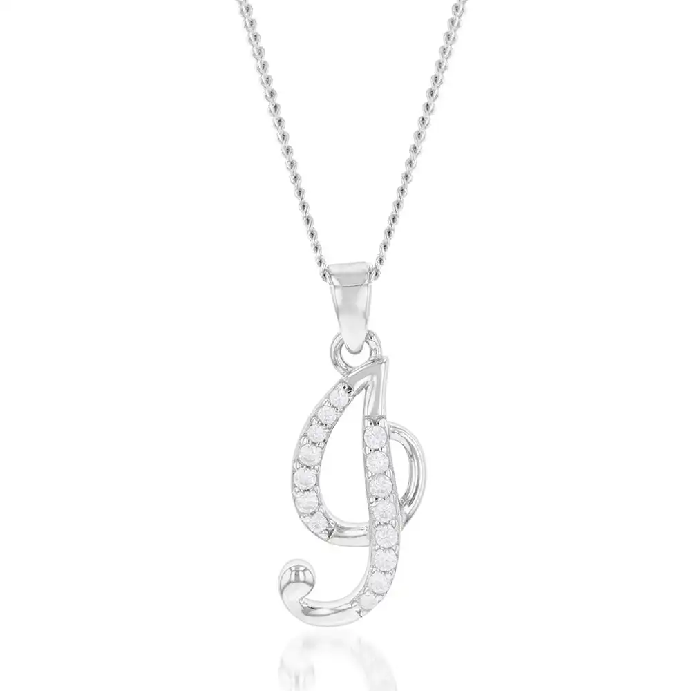 Sterling Silver Rhodium Plated Cubic Zirconia Script "I " Initial Pendant