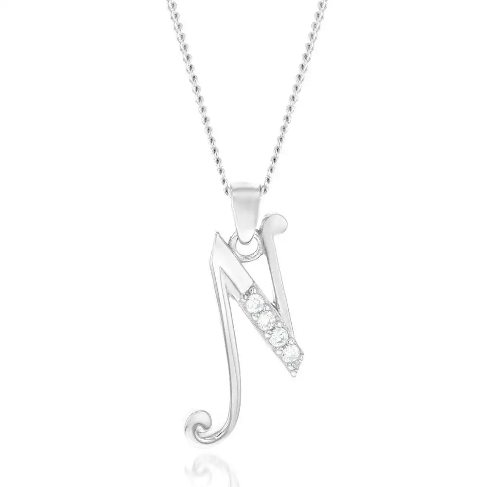 Sterling Silver Rhodium Plated Cubic Zirconia Script "N " Initial Pendant
