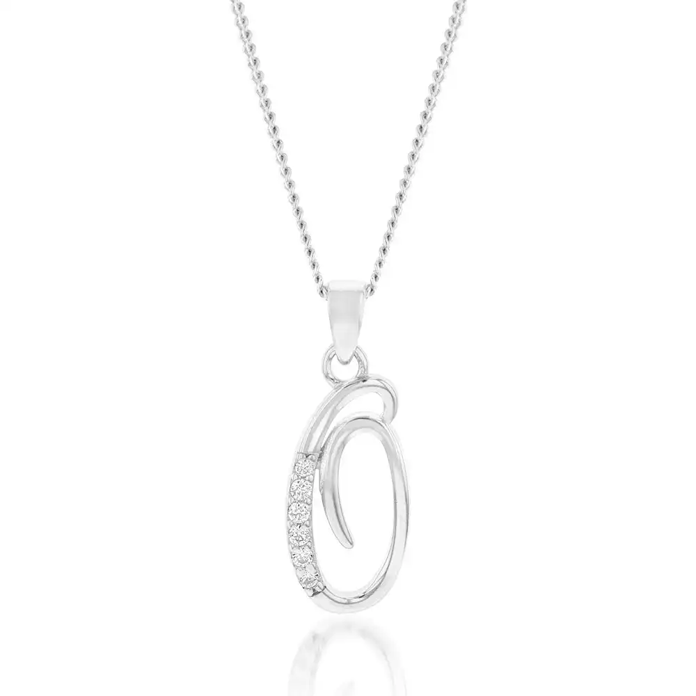 Sterling Silver Rhodium Plated Cubic Zirconia Script "O " Initial Pendant