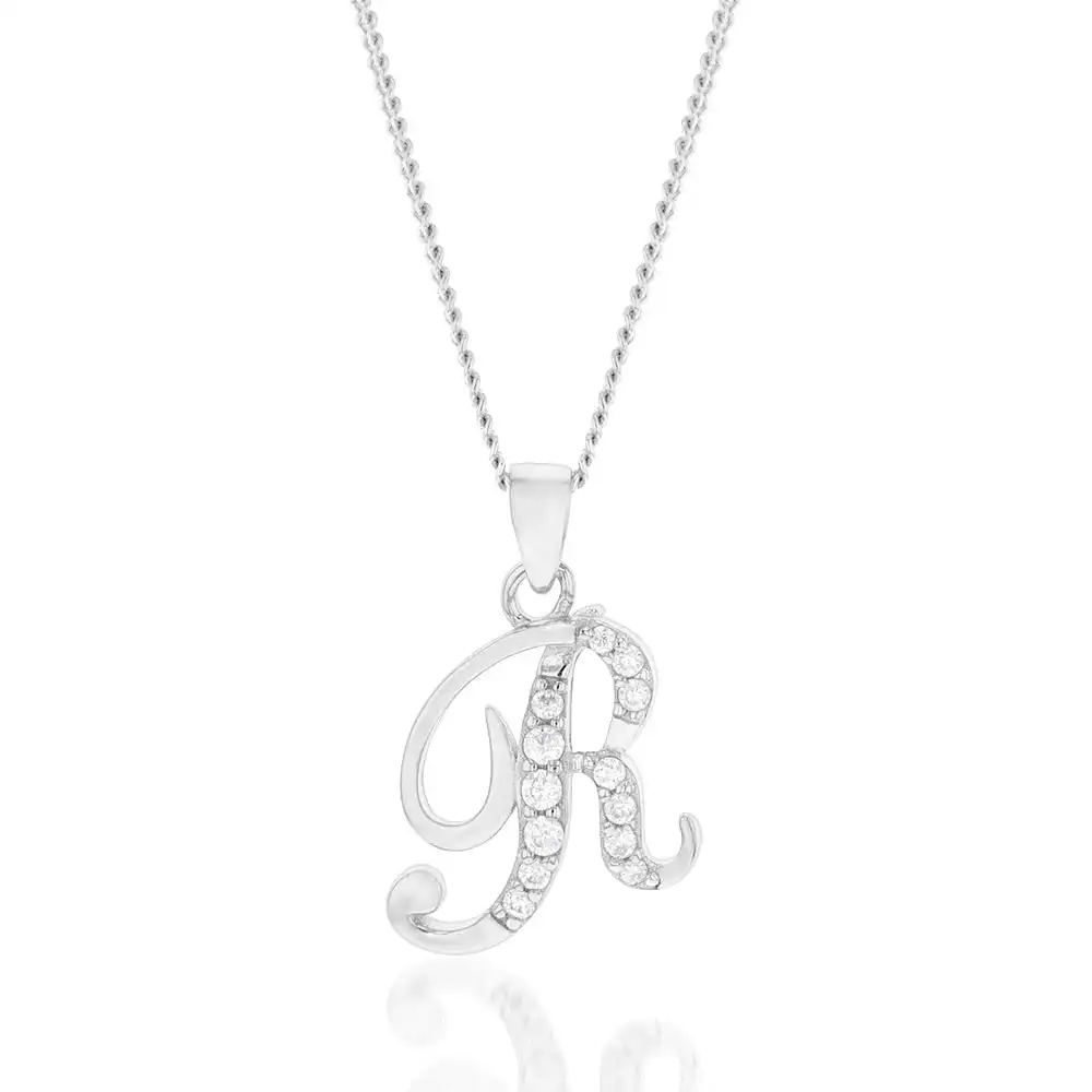 Sterling Silver Rhodium Plated Cubic Zirconia Script "R " Initial Pendant