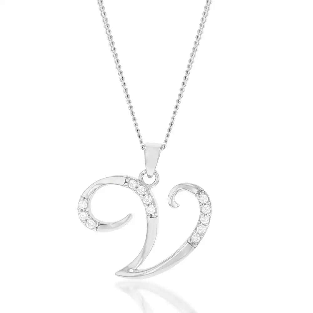 Sterling Silver Rhodium Plated Cubic Zirconia Script "V " Initial Pendant