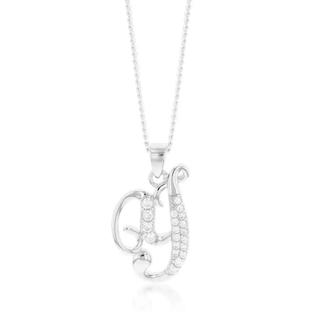 Sterling Silver Rhodium Plated Cubic Zirconia Script "Y " Initial Pendant
