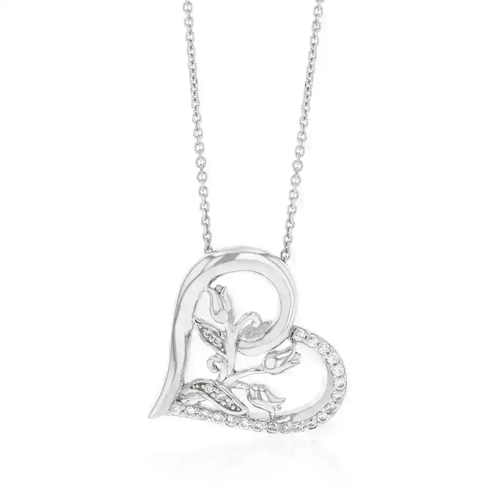 Sterling Silver Rhodium Plated CZ 3 Flower On Heart Pendant With 45cm Chain