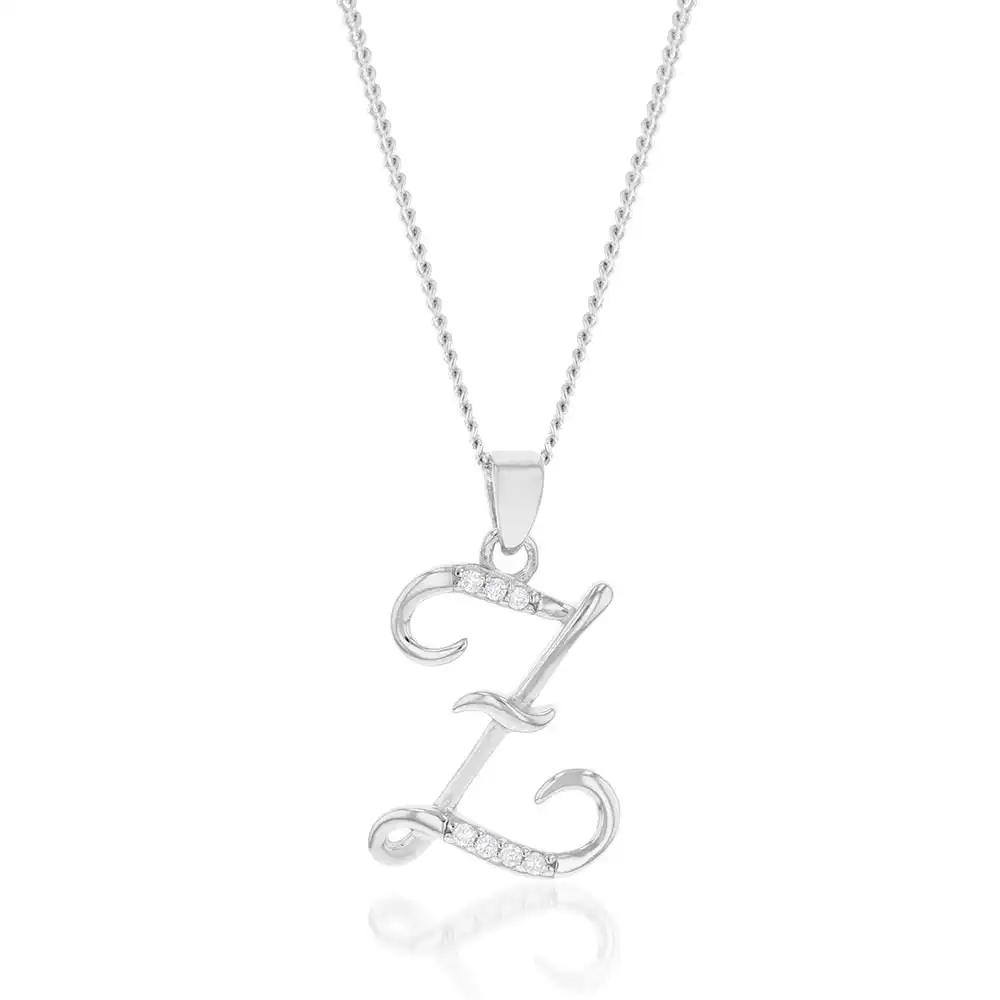 Sterling Silver Rhodium Plated Cubic Zirconia Script "Z " Initial Pendant