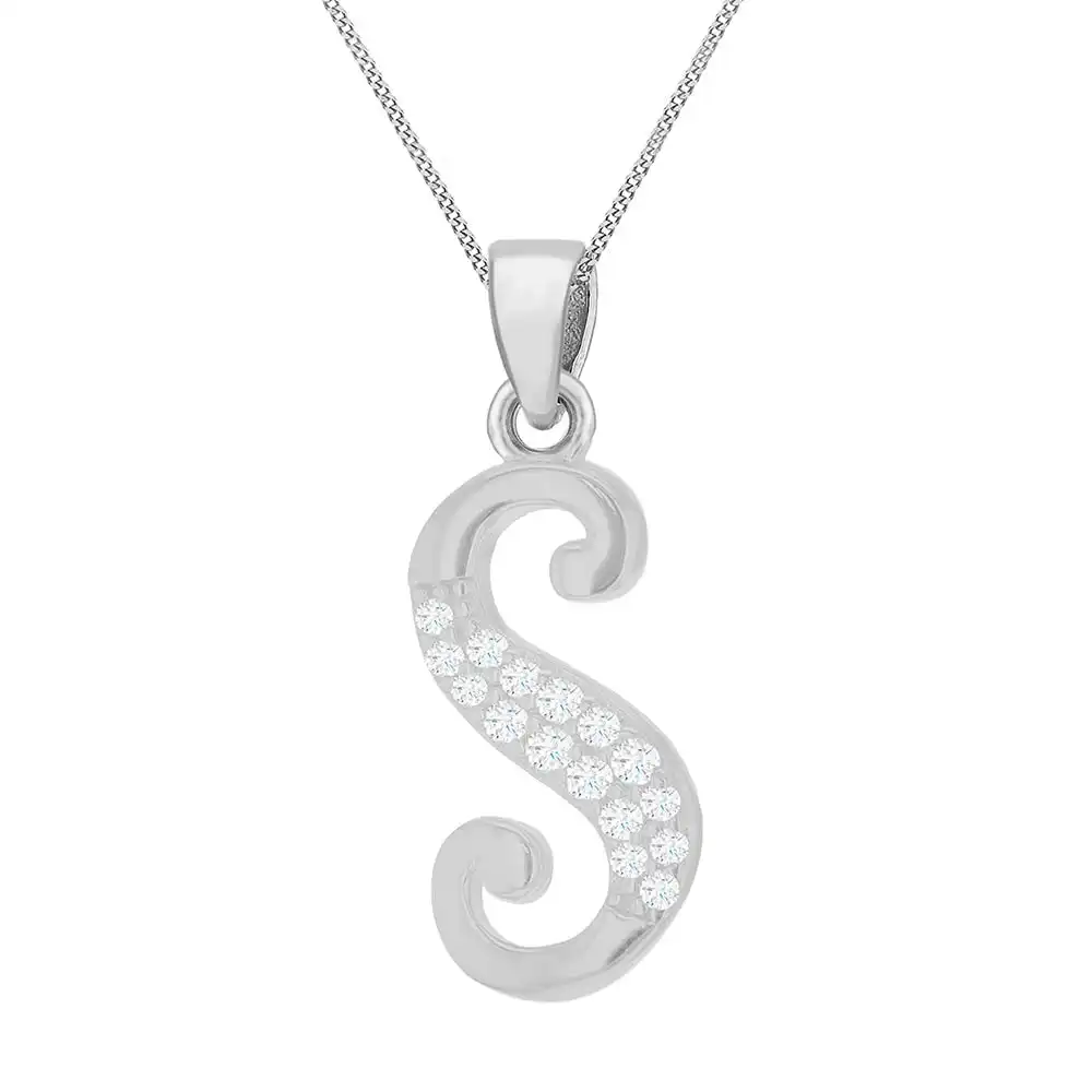 Sterling Silver Rhodium Plated Script "S" Initial Pendant