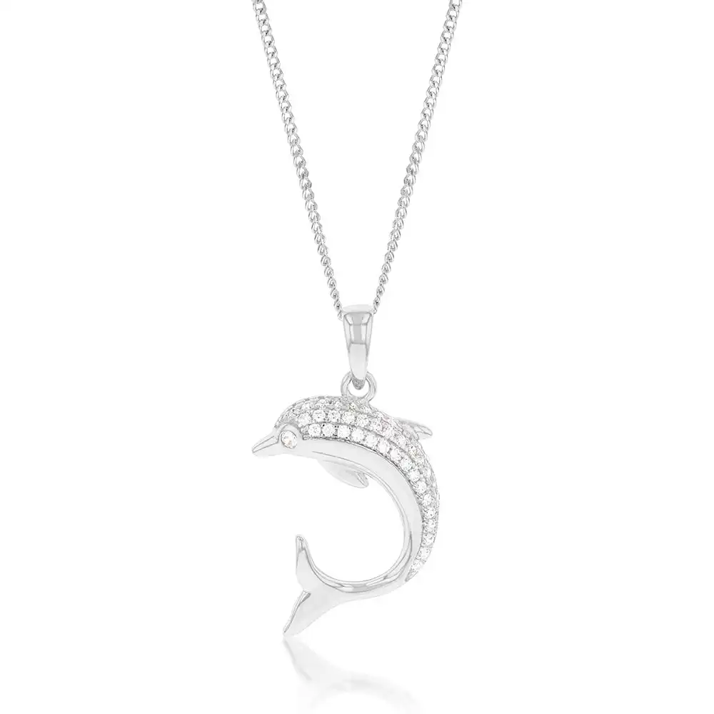 Sterling Silver Cubic Zirconia On Dolphin Charm Pendant