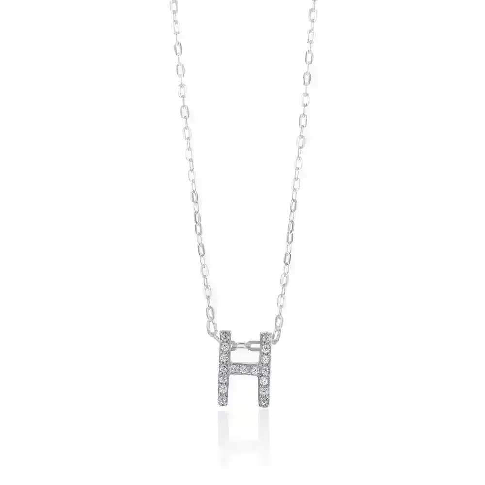 Sterling Silver Cubic Zirconia Initial "H" Pendant on 39+3cm Chain