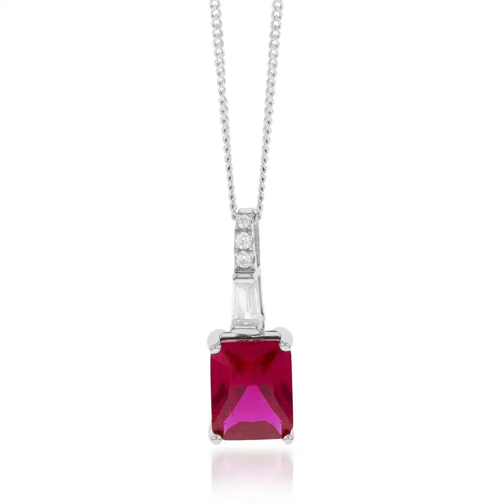 Sterling Silver Rhodium Plated Created Ruby And Cubic Zirconia Pendant