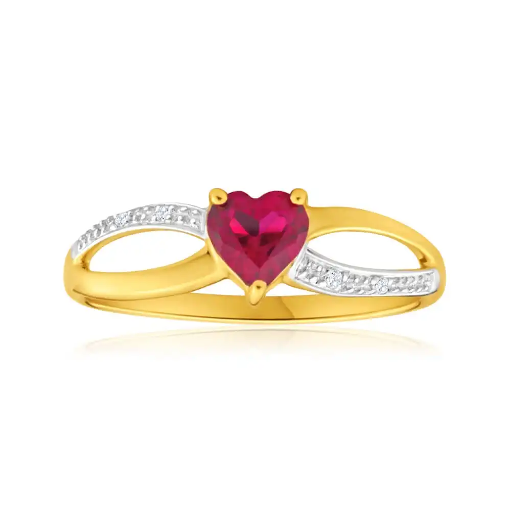 9ct Yellow Gold Alluring Heart Created Ruby + Diamond Ring