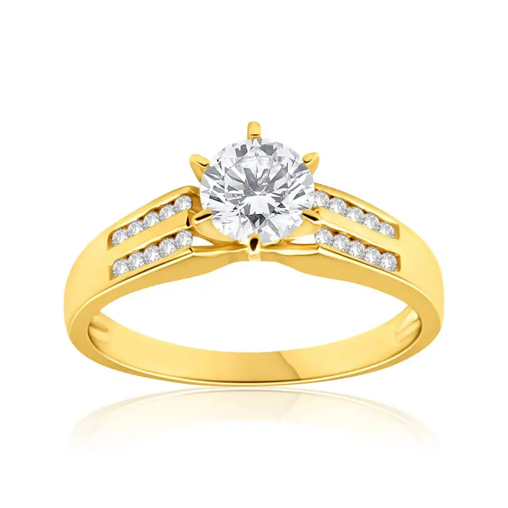 9ct Yellow Gold 6mm Solitaire and Channel Set Cubic Zirconia Ring