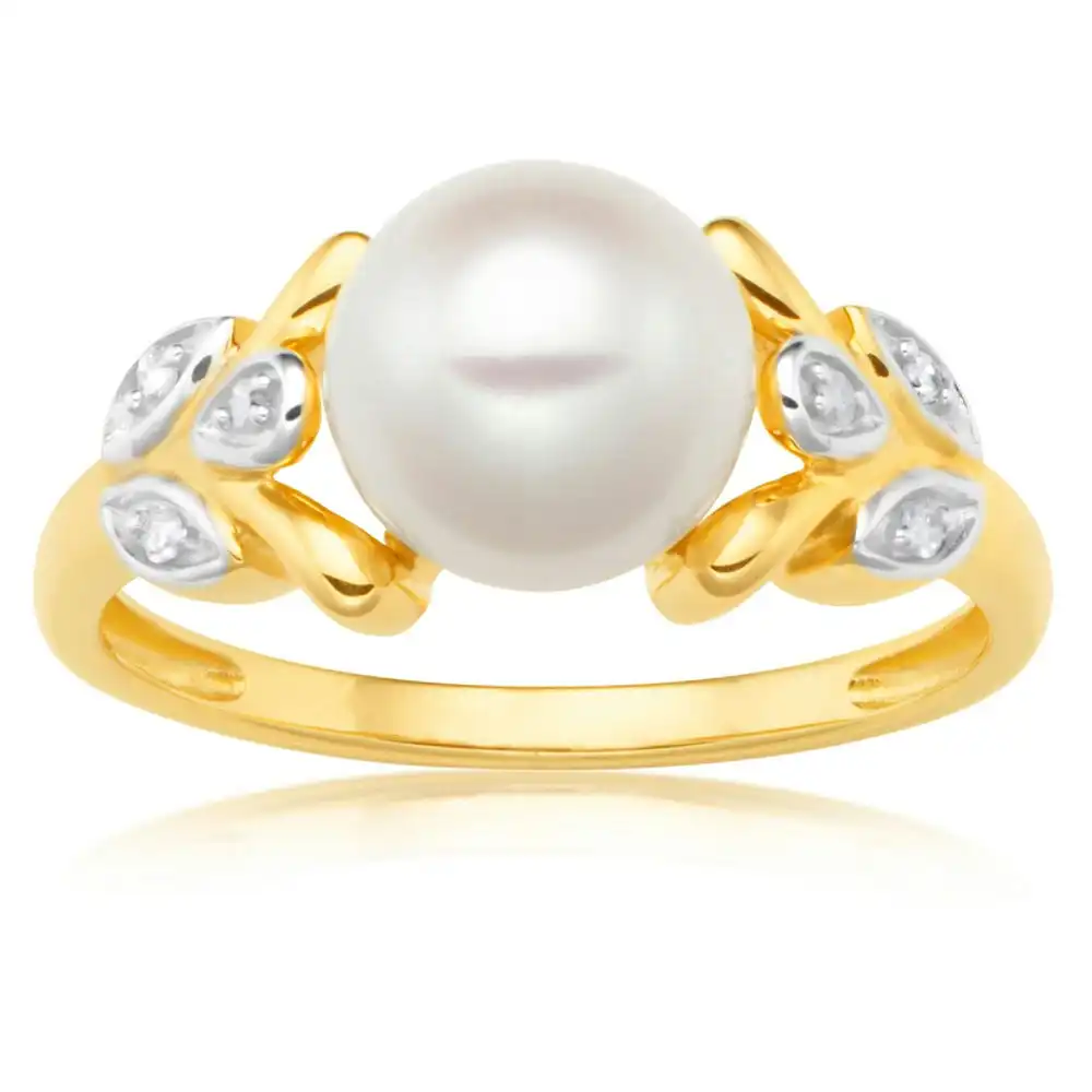 9ct Yellow Gold Freshwater Pearl and Leaf Pattern Diamond Ring
